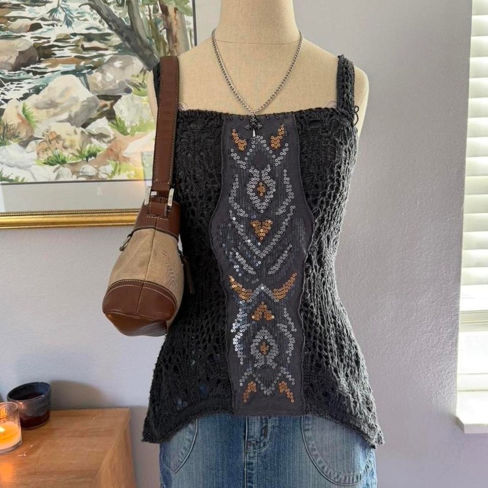 Free People Dark Grey Crochet Sequin Top Boho Festival Sleeveless Knit Small
